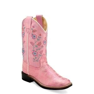 Old West Girls Size 2.5 Floral Embroidered Pink Faux Crocodile Square Toe Boot
